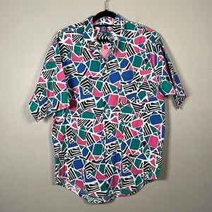Vintage 90's Pro Spirit Printed Button Up Short‎ Sleeve Pink Blue Men's Medium